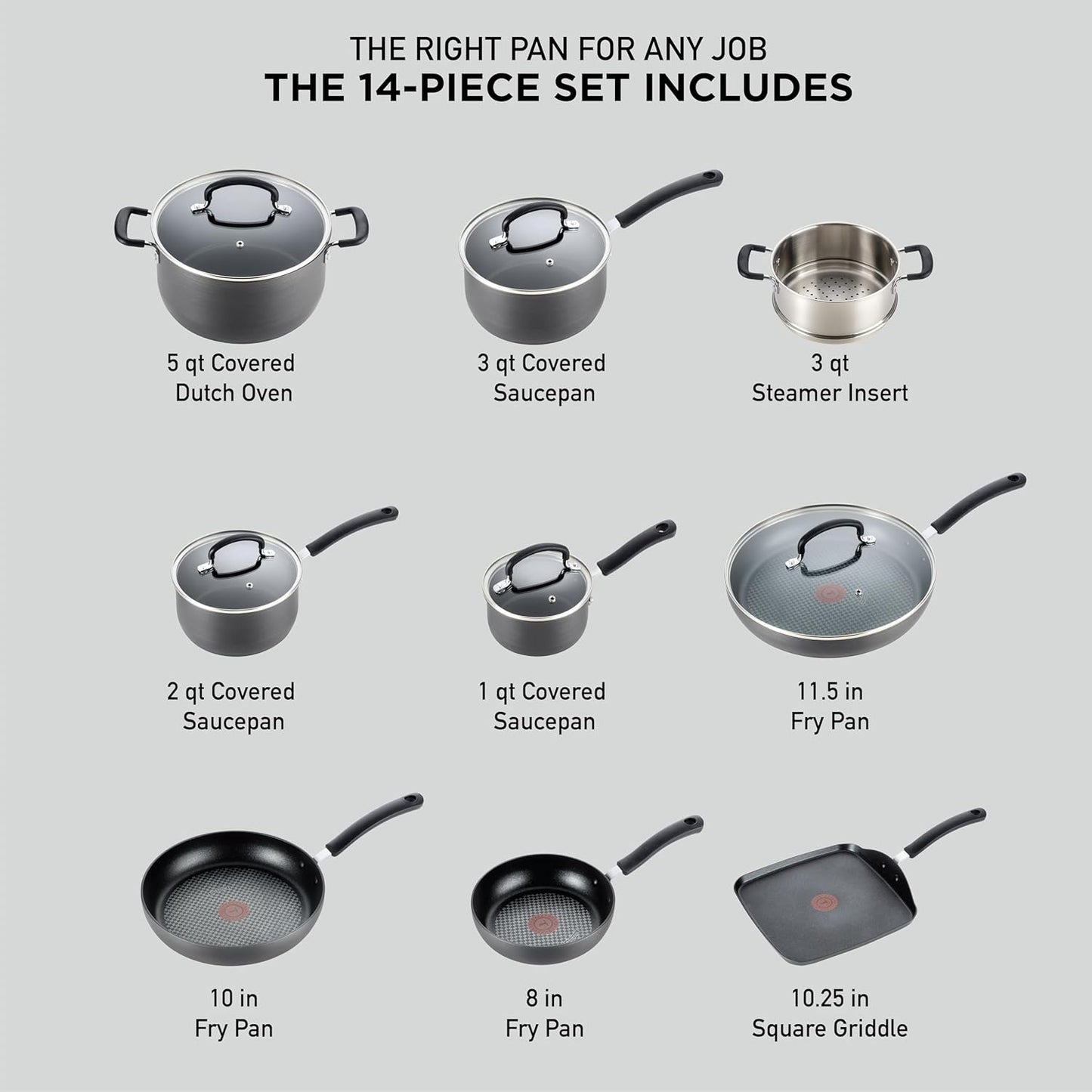 T-fal Ultimate Hard Anodized Nonstick Cookware Set 14 Piece, Oven Broiler Safe 400F, Lid Safe 350F, Kitchen Cooking Set w/Fry Pans, Saucepans, Griddle, Dutch Oven, Pots & Pans, Dishwasher Safe, Black