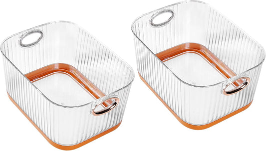 VECELO Refrigerator Organizers - Durable PET Storage Bins, Space Saving, Clear View, Contain Spill, Organizer for Kitchen, Laundry, Closet - Set of 2