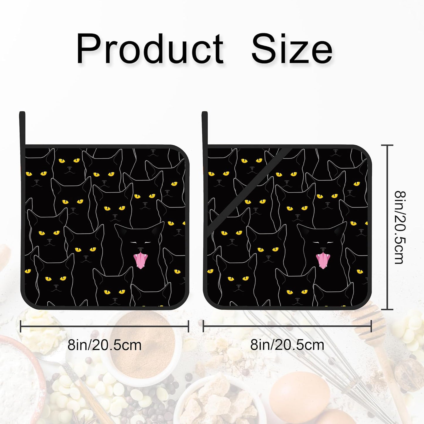 Pot Holder Set of 2,Black Cat Cute Kitchen Heat Resistant Potholder for BBQ Cooking Baking,Food Hot Pat for Women Men Kitchen Wear