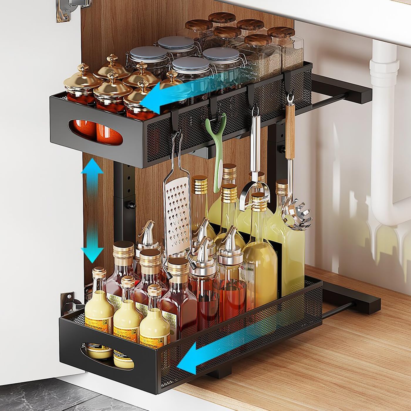 2-Tier Under Sink Organizer with Pull-Out Mesh Drawers, Adjustable Height Cabinet Storage for Kitchen/Bathroom/Laundry, Space-Saving Sliding Shelves (Black)