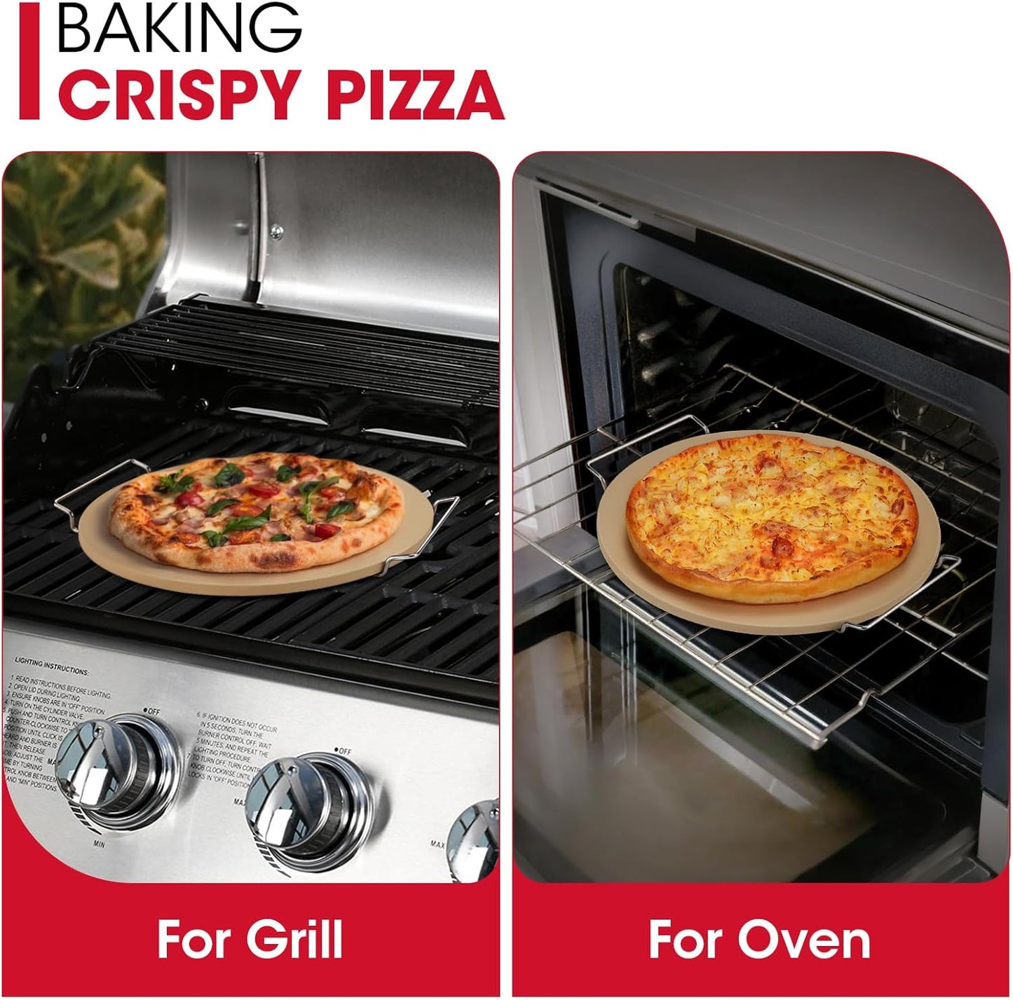 Unicook 12 Inch Round Pizza Stone for Oven and Grill, Cordierite Bread Baking Stone, Baking Crispy Pizzas, Bread and Cookies, Includes Carry Rack and Dough Scraper