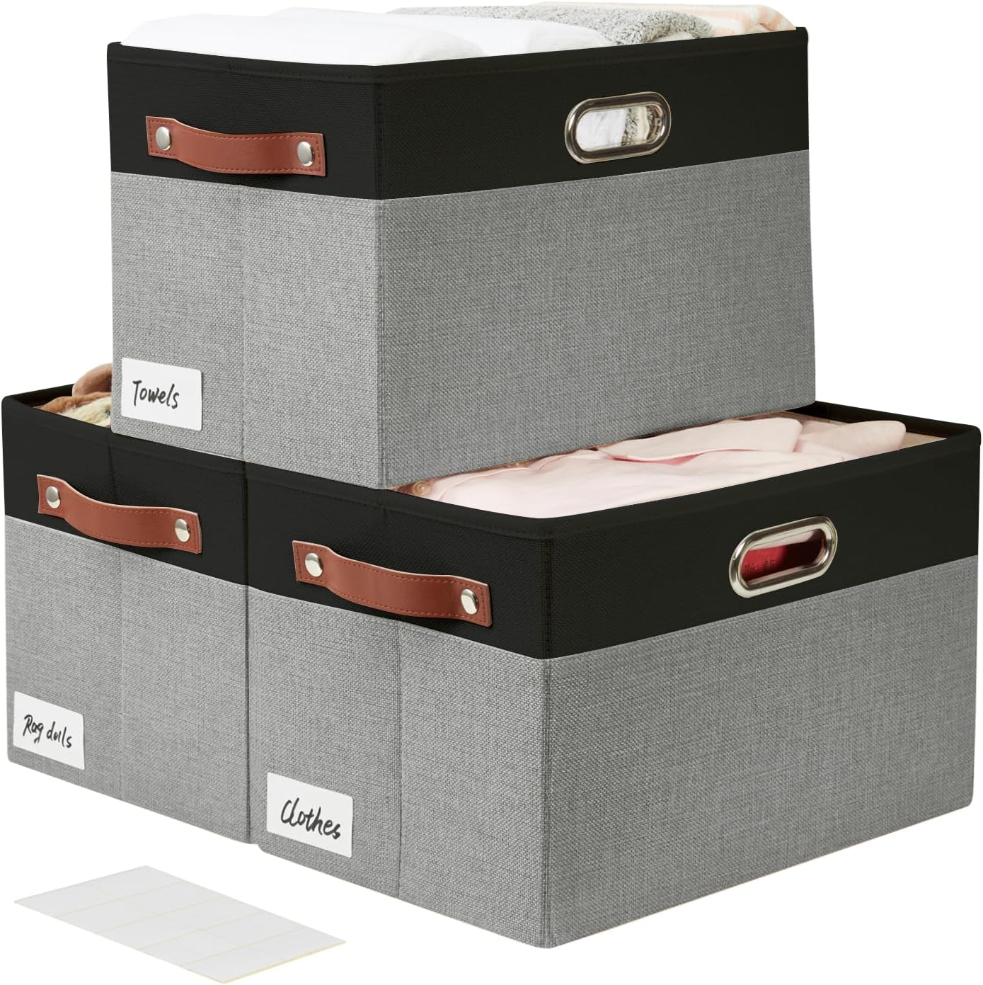 Large Collapsible Fabric Storage Bins with 3 Handles, Foldable Organizer Baskets for Closet, Shelves, Living Room | 3 Pack, Durable PU & Metal Handles (14.9"x9.8"x9.8", Black & Gray)