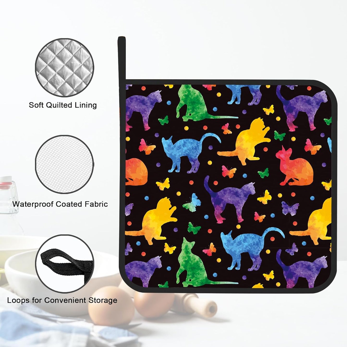 Pot Holder Set of 2,Cat Silhouette Kitchen Heat Resistant Potholder for BBQ Cooking Baking,Food Hot Pat for Women Men Kitchen Wear