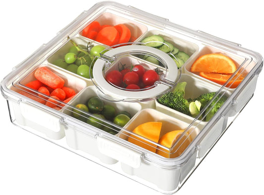 Taiuloo Divided Serving Tray with Lid & Handle, Airtight 9 Compartment Snackle Box Charcuterie Container, Fridge Organizer Bins, Food Storage Container Veggie Tray for Snack, Fruit, Candy, Nuts