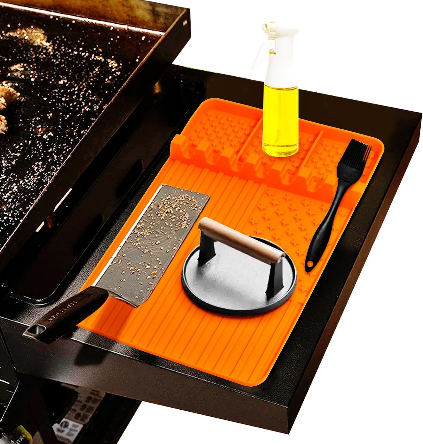 Silicone Griddle Tools Mat for Blackstone,Grill BBQ Caddy Utensils Holder for Kitchen,Cooking & Countertop,Large Spatula Mat with Drip Pad,Griddle Accessories for Blackstone (Orange)