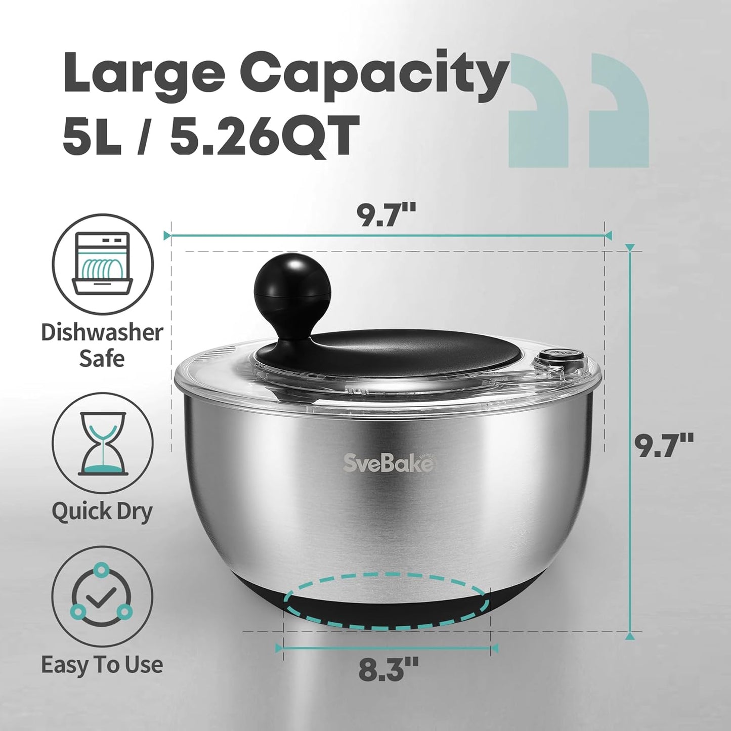 5.3Qt Stainless Steel Salad Spinner with Stop Button, BPA-Free Vegetable Lettuce Spinner, Transparent Lid & Drainage Hole, Non-Slip Base, Dishwasher Safe Fruit Washer