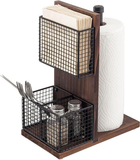 MyGift 3-in-1 Kitchen Organizer with Paper Towel Holder, Napkin Holder & Spice Rack - Rustic Wood & Industrial Metal Pipe Caddy for Farmhouse Dining Table