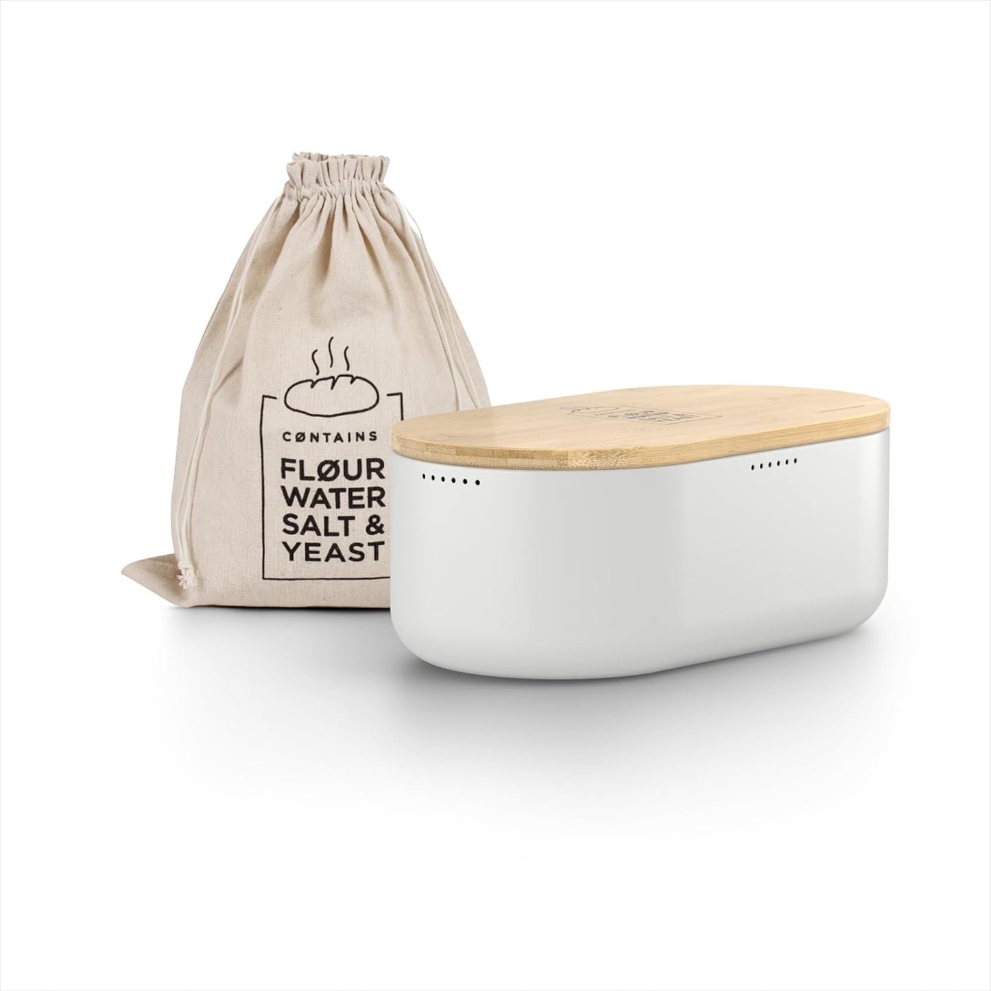 LARS NYSØM Bread Box I Metal Box with linen bag for long lasting freshness I Bread Bin with bamboo lid usable as cutting board I 14.2x7.5x5.1 In (Pure White)