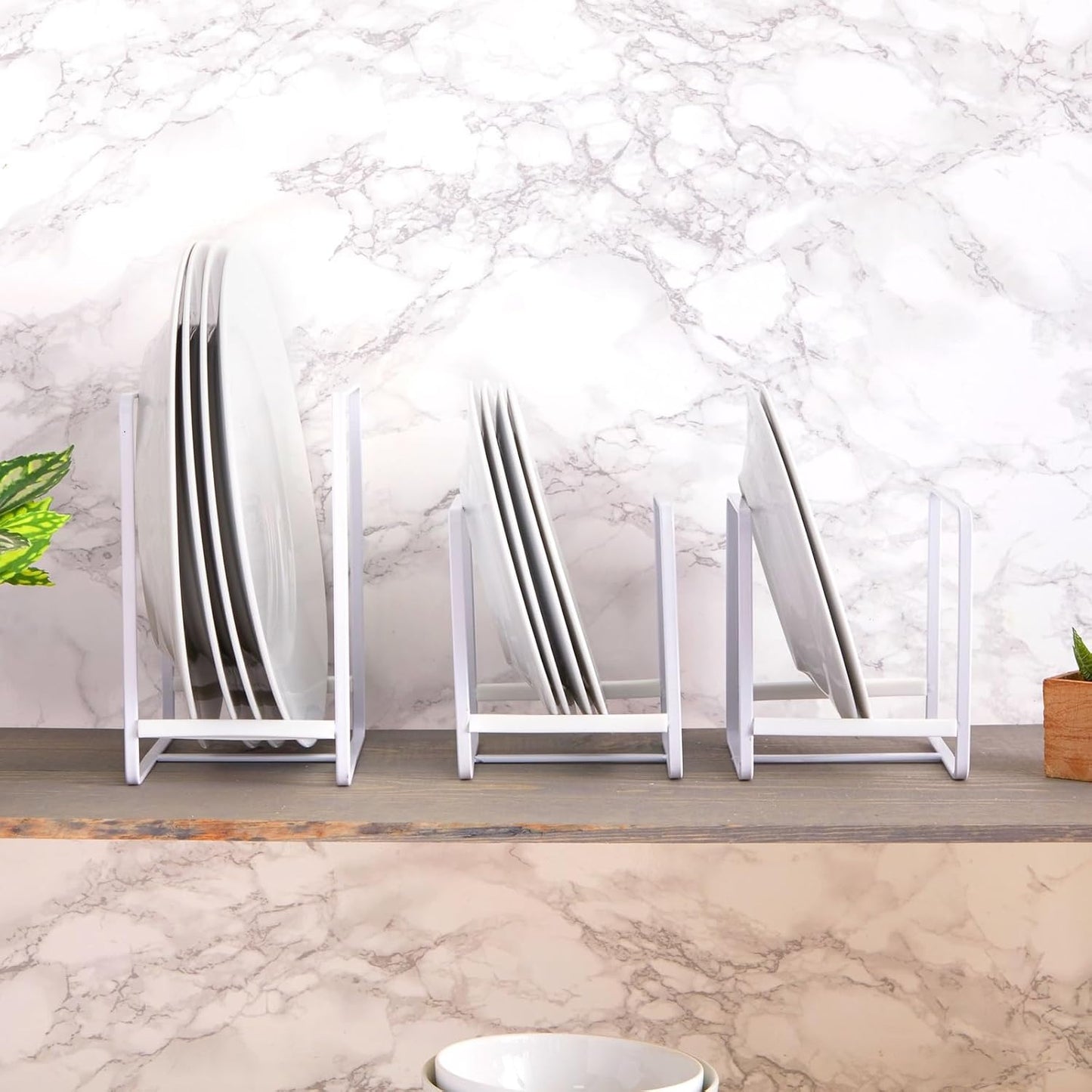 Juvale 3-Piece Plate Organizer - Space-Saving Cabinet Storage & Dish Storage Rack - Plate Stand & Pot Lid Holder - Pack of 3, White, 1 Large & 2 Small