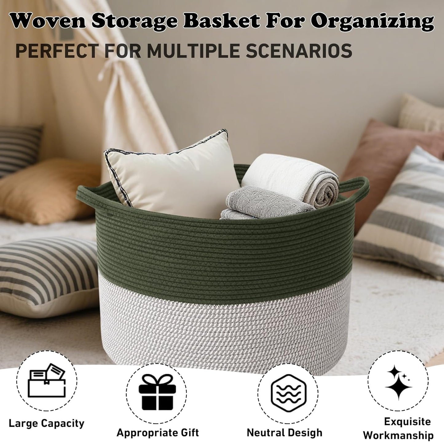 Large Blanket Basket for Organizing,65L Closet Organizers and Storage Bins Box for Shelves Woven Rope Storage Baskets,Living Room,Bedroom,Dorm,Laundry room (Green&White)