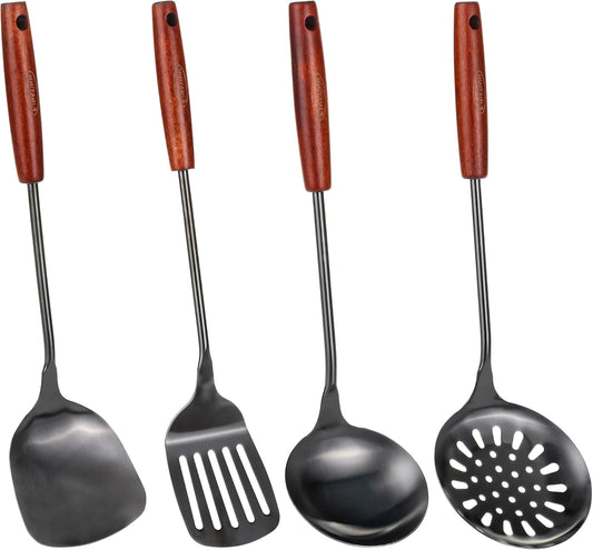 FJNATINH 17inch Wok Spatula and Ladle, Skimmer Spoon, Slotted Turner Spatula Set 304 Stainless Steel Kitchen Utensils Sets, 4-Pieces Cooking Utensils Tools Wok Accessories