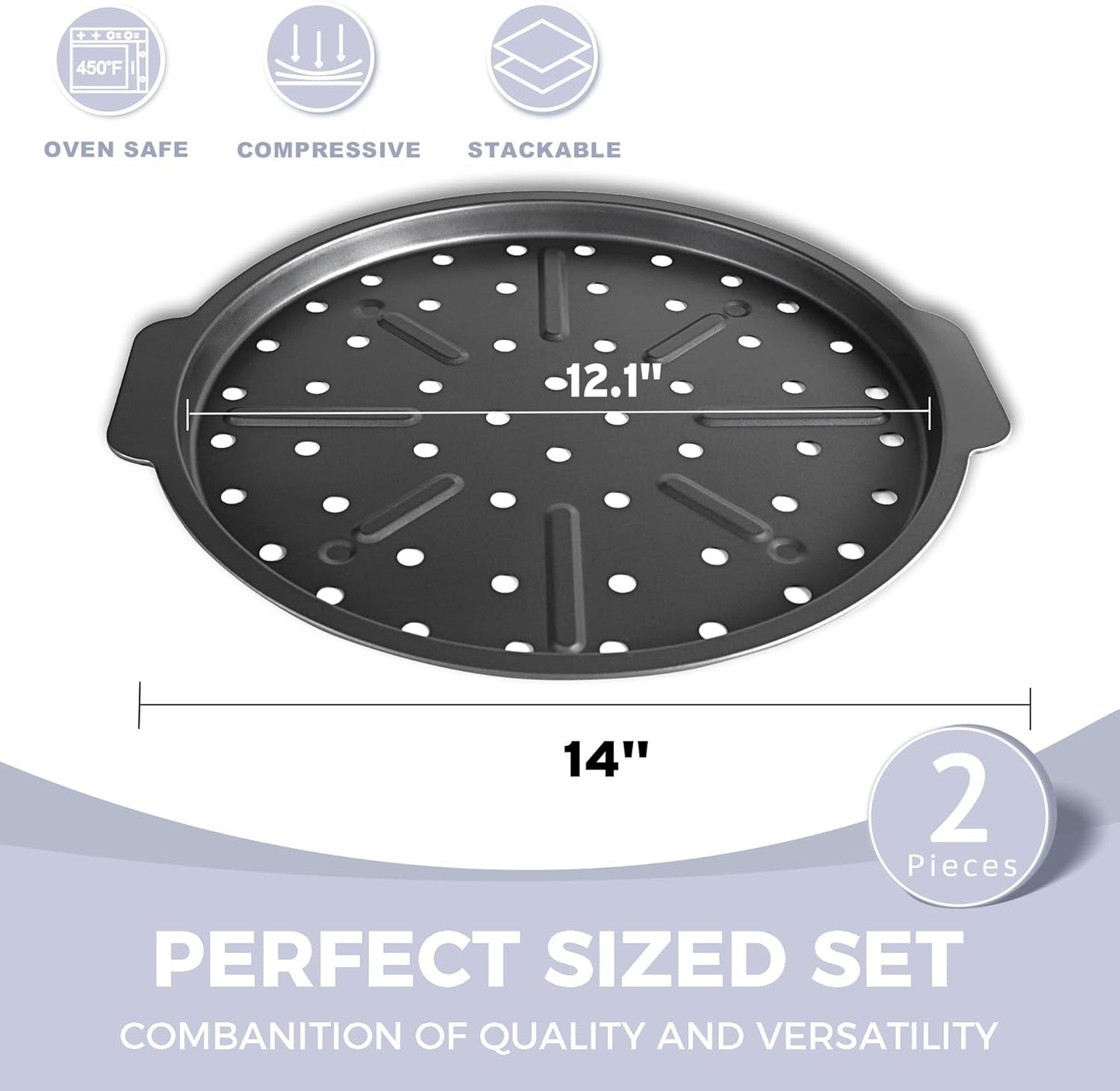 HONGBAKE 2 Pack Pizza Pan with Holes 12 Inch, Nonstick Pizza Tray for Oven with Widen Handles, Hot Air Pizza Crisper Tin, Round Baking Sheet for Frozen & Homemade Pizza, Grey