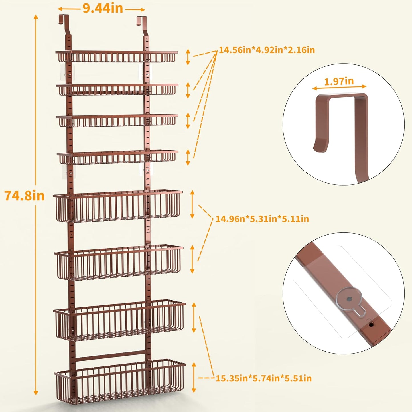 Moforoco Over The Door Pantry Organizer, Pantry Door Organizer Shelves, Kitchen Organizers and Storage, Hanging Basket Wall Spice Rack Seasoning Shelves, Laundry Room Bathroom accessories（Brown ）