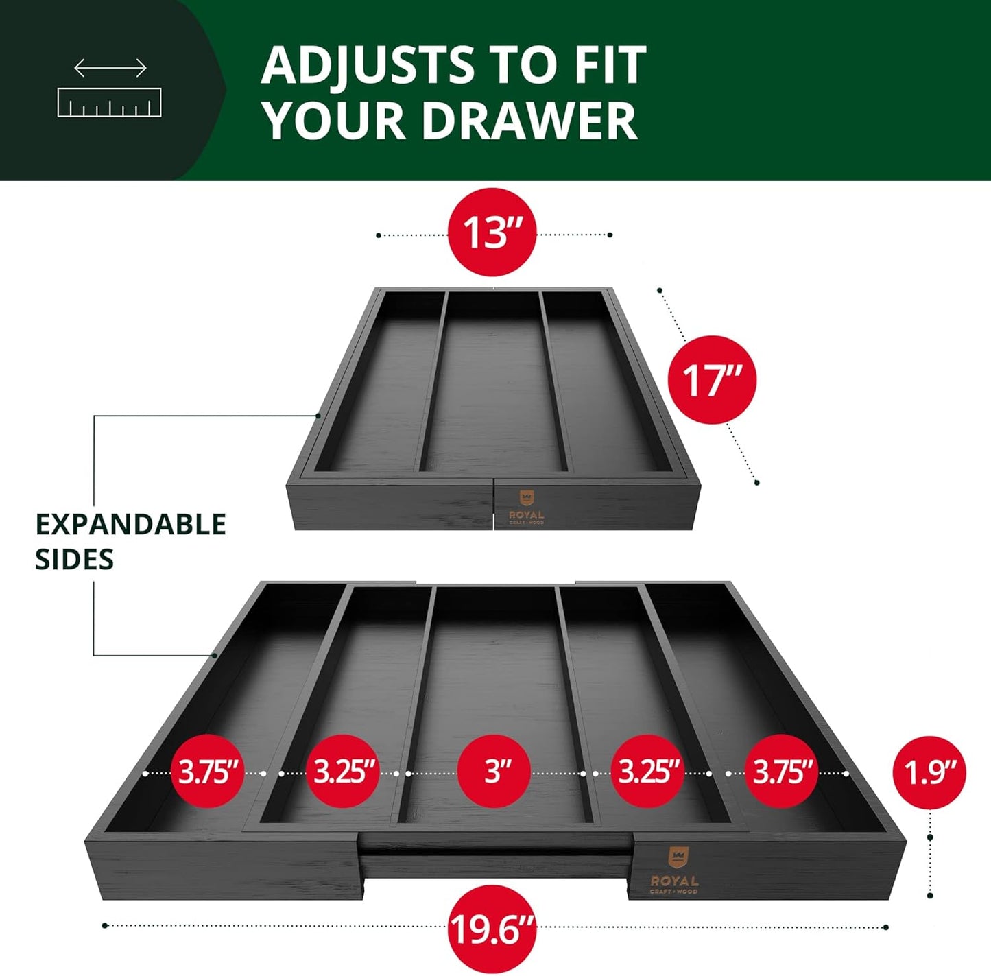 ROYAL CRAFT WOOD Luxury Bamboo Kitchen Drawer Organizer - Silverware Organizer - Utensil Holder and Cutlery Tray with Grooved Drawer Dividers for Flatware and Kitchen Utensils (5 Slot, Black)