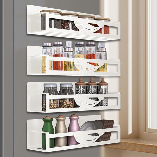Magnetic Spice Rack for Refrigerator, 4-Pack Metal Seasoning Organizer for Kitchen Storage Organization, Space Saving Magnetic Shelf for Fridge, Pantry, Laundry Room, White