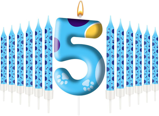 13PCS Blue Dog Paw Birthday Candles Set Cake Topper Numeral Birthday Candles for Boy Girl Dog Paw Decoration(Number 5)