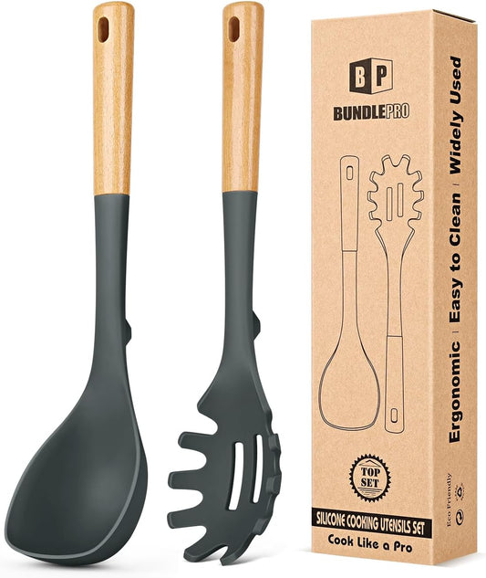 Silicone Soup Ladle and Spaghetti Spoon Set with Wooden Handle, Non Stick Heat Resistant Kitchen Utensils for Cooking, Stirring, Serving Pasta, Soup & Sauce(GRAY)