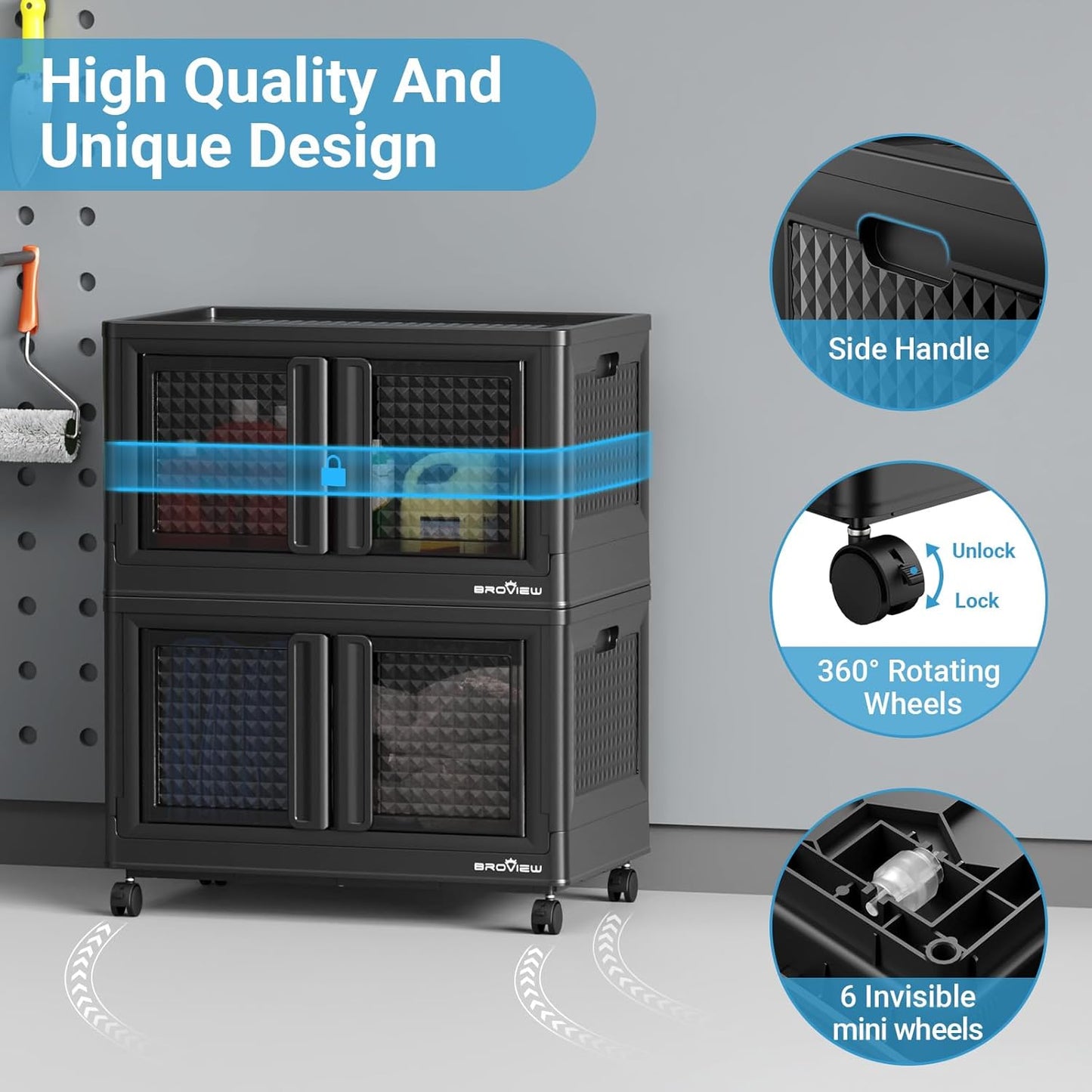 100Qt Stackable Storage Bins with Lids, 25Gal Closet Organizers and Storage Drawer, Plastic Collapsible Storage Bins with Doors, Heavy-Duty Store Box Cabinet for Home Office, 1Pack Black