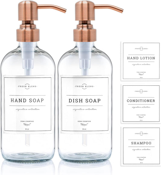 Vine Creations Clear Glass Soap Dispenser, 2 Pack Kitchen Soap Dispenser Set with Stainless Steel Pump, 16 oz Dish Soap and Hand Soap Dispensers for Bathroom with Waterproof Labels