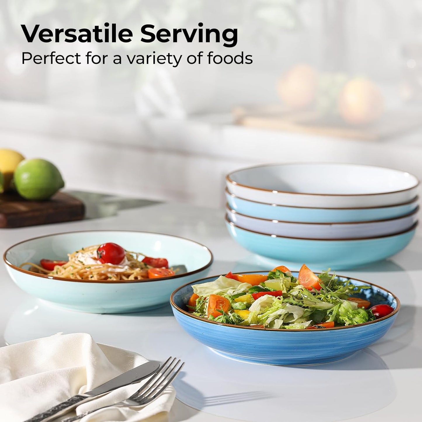 Y YHY 8.5'' Pasta Bowls Set of 6, 30 oz Ceramic Shallow Salad Bowls, Large Serving Soup Bowls Pasta Plates, Microwave & Dishwasher Safe Dinnerware Valentine's Day Gift, Gradient Blue