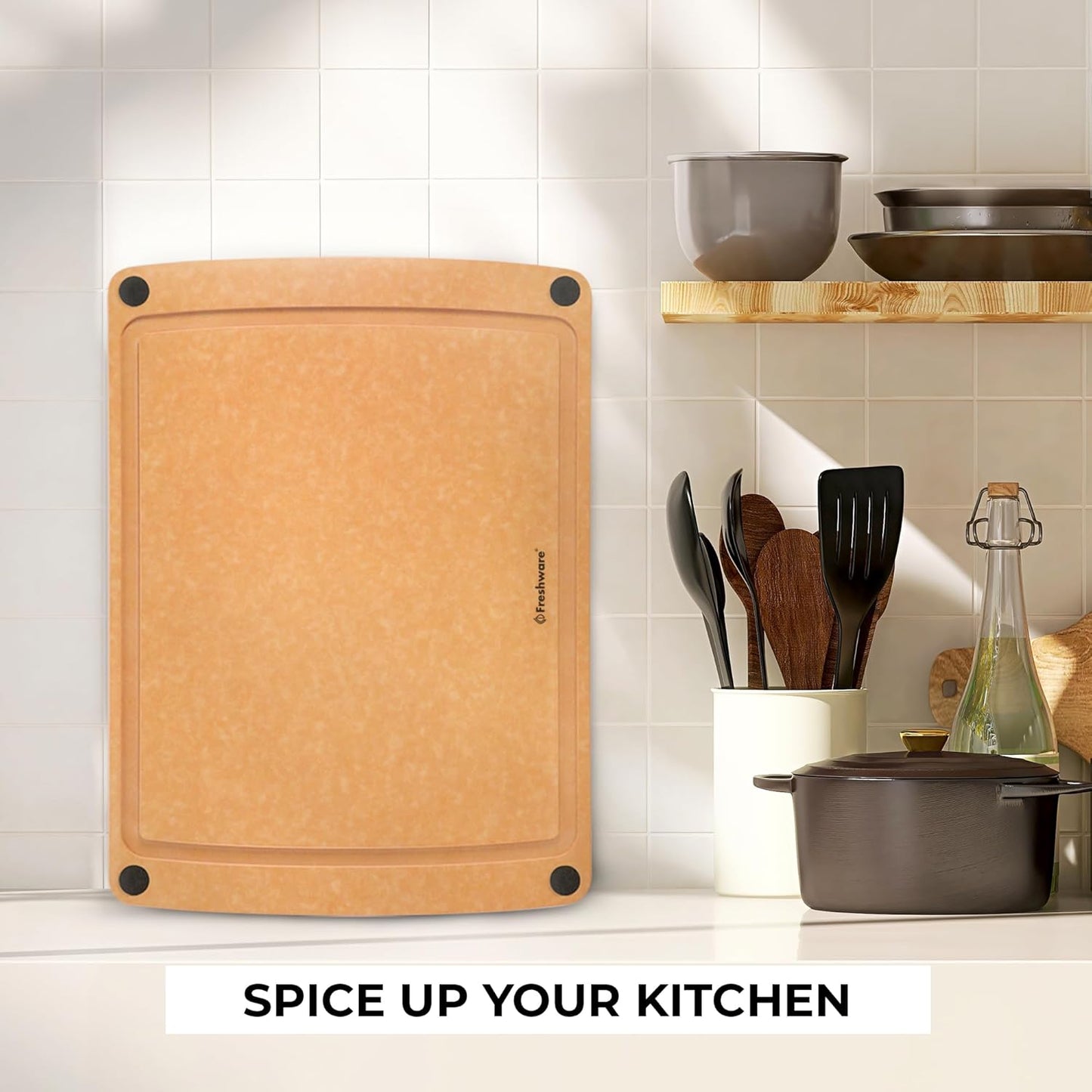 Freshware Wood Cutting Board for Kitchen, Juice Groove, Non-Slip Silicone Feet, Dishwasher Safe, X Large, 18" x 13", Natural