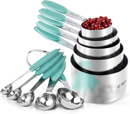 Measuring Cups : U-Taste 18/8 Stainless Steel Measuring Cups and Spoons Set of 10 Piece, Upgraded Thickness Handle(Aqua Sky)