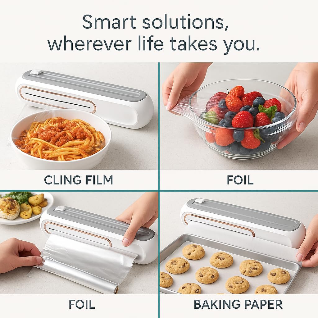 Food Plastic Wrap Dispenser – Refillable ABS Plastic Wrap Dispenser with Safe Slide Cutter – Compact Cling Film, Foil & Baking Paper Easy-Cut Organizer for Fresh Food Storage- Fit 30cm roll