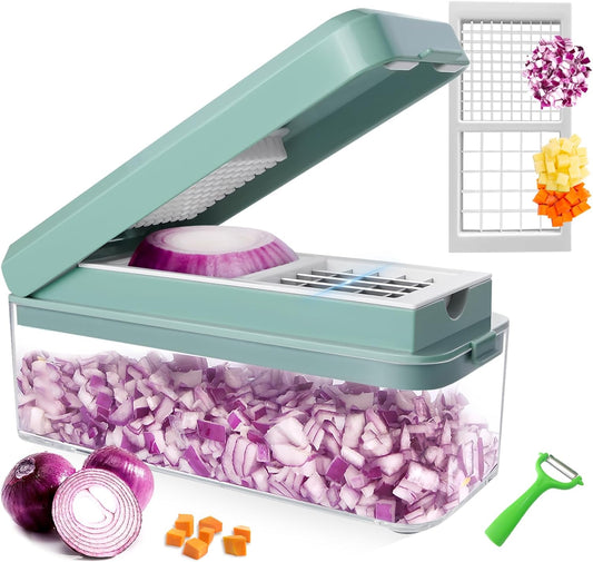 Vegetable Chopper, Onion Dicer, Mandoline Slicer, Food Chopper with Container, Vegetable Cutter for Salad Potato Carrot Garlic（2 Blades, Blue White）