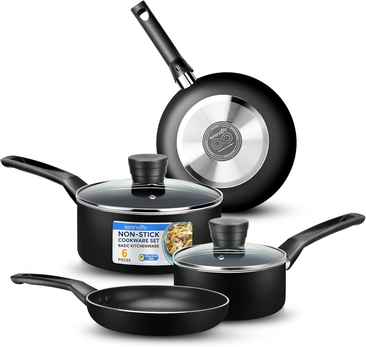 SereneLife 6-Piece Pots and Pans Set – Nonstick Cookware, Black Coating, Heat-Resistant, Dishwasher safe, Includes Fry Pans, Saucepans with Lids, Color Black