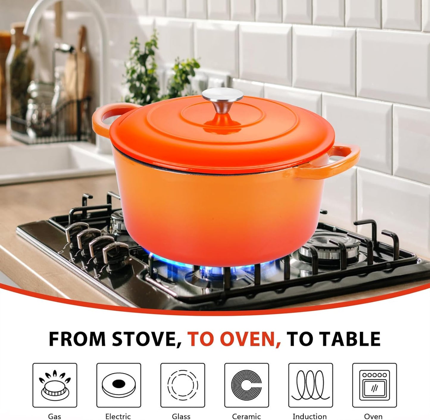 E-far 6 Quart Dutch Oven, Enameled Cast Iron Dutch Oven Pot with Lid, Nonstick Round Cookware for Braising/Stews/Roasting/Bread Baking/Cooking, Heavy Duty, Induction & Oven Safe - Orange