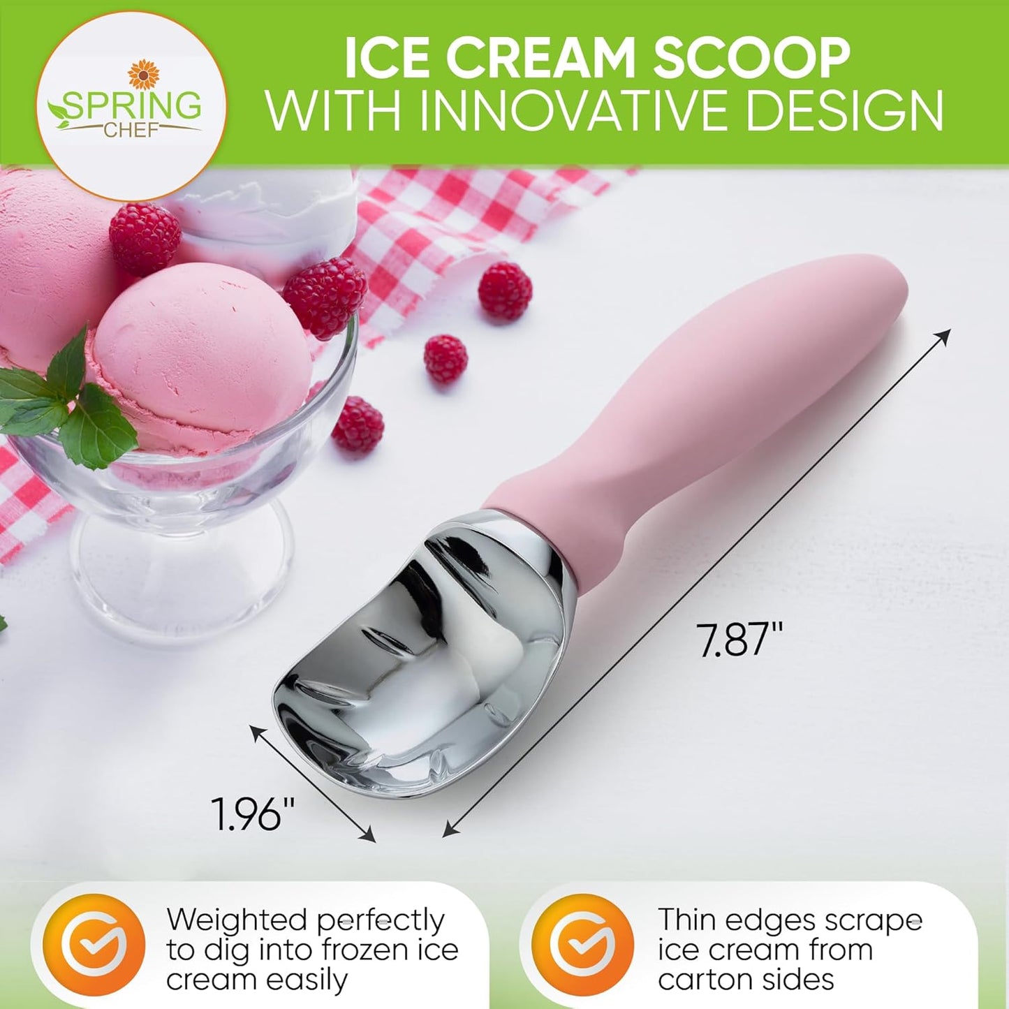 Spring Chef Ice Cream Scoop with Soft Grip Handle, Professional Heavy Duty Sturdy Scooper, Premium Kitchen Tool for Cookie Dough, Gelato, Sorbet, Pink Lemonade