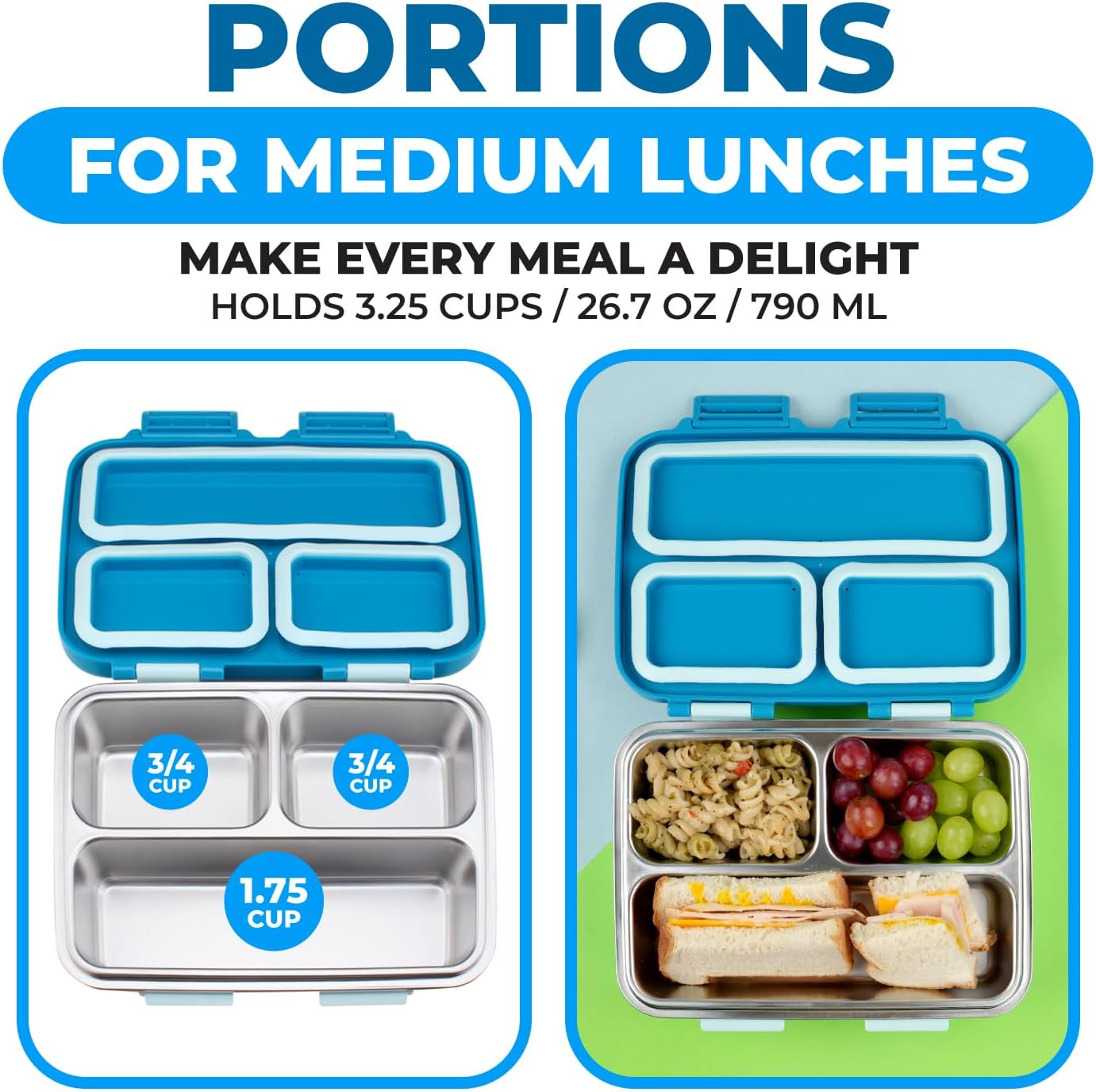 Stainless Steel Heavy Duty Bento Box Lunch Container for Older Kids, Teens, Adults with Removable Tray, Leakproof Silicone Seals, BPA Free 26 oz/790 mL (Blue)