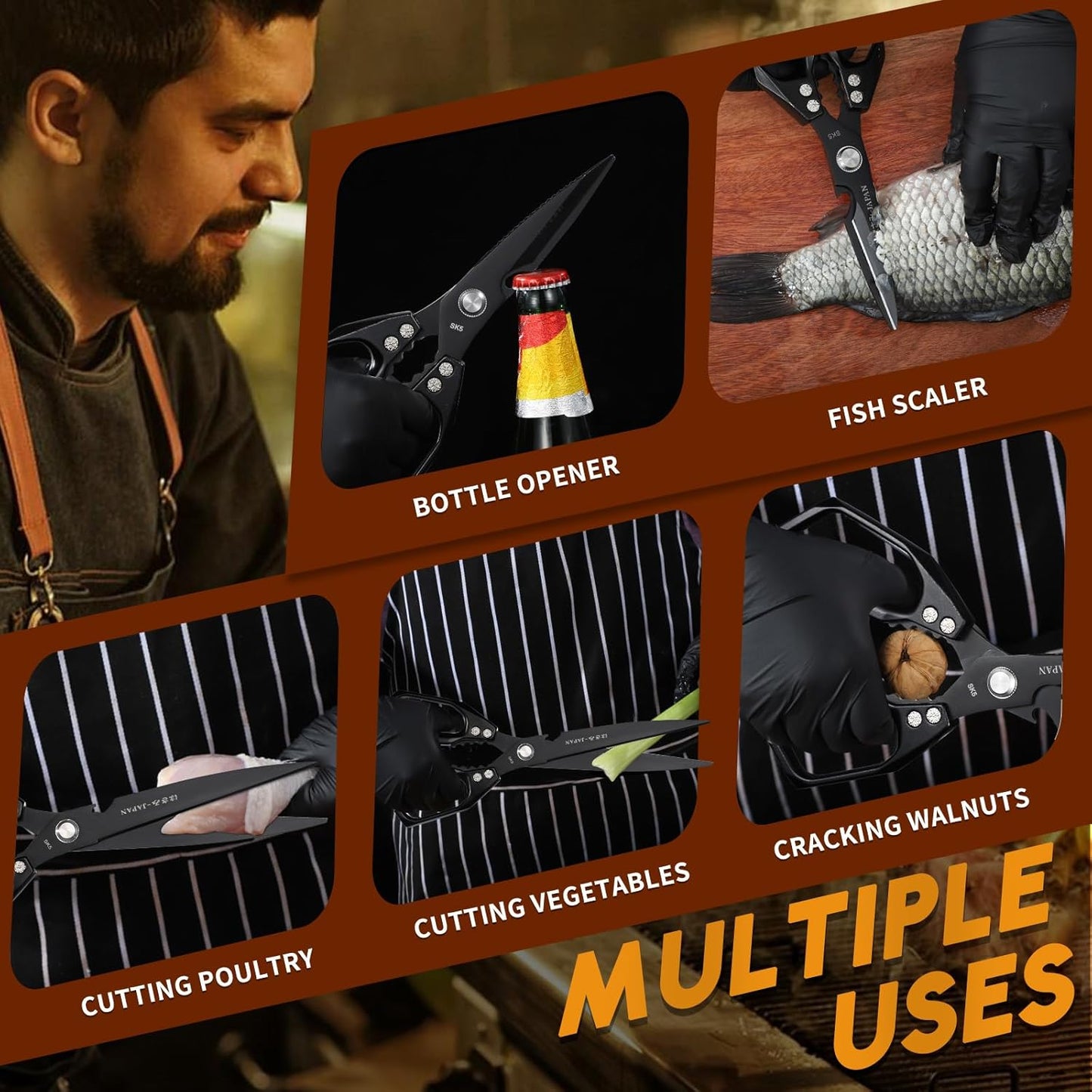 HUUSK Kitchen Scissors Set Black - Upgraded Stainless Steel Kitchen Shear, Sharp Meat Scissors, Heavy Duty Poultry Shears, Japanese Cooking Scissor for Food, Chicken Bones, and Turkey, Dishwasher Safe