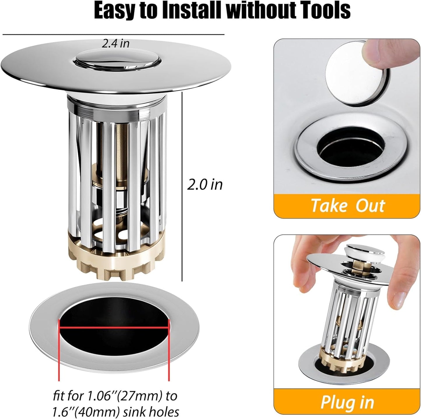 Bathroom Sink Drain Strainer, 2PCS 3 in 1 Pop Up Bathroom Sink Stopper with Removable Brass Basket Hair Catcher, Universal Sink Plug for 1.06 to 1.6in Drain Hole, Chrome Silver