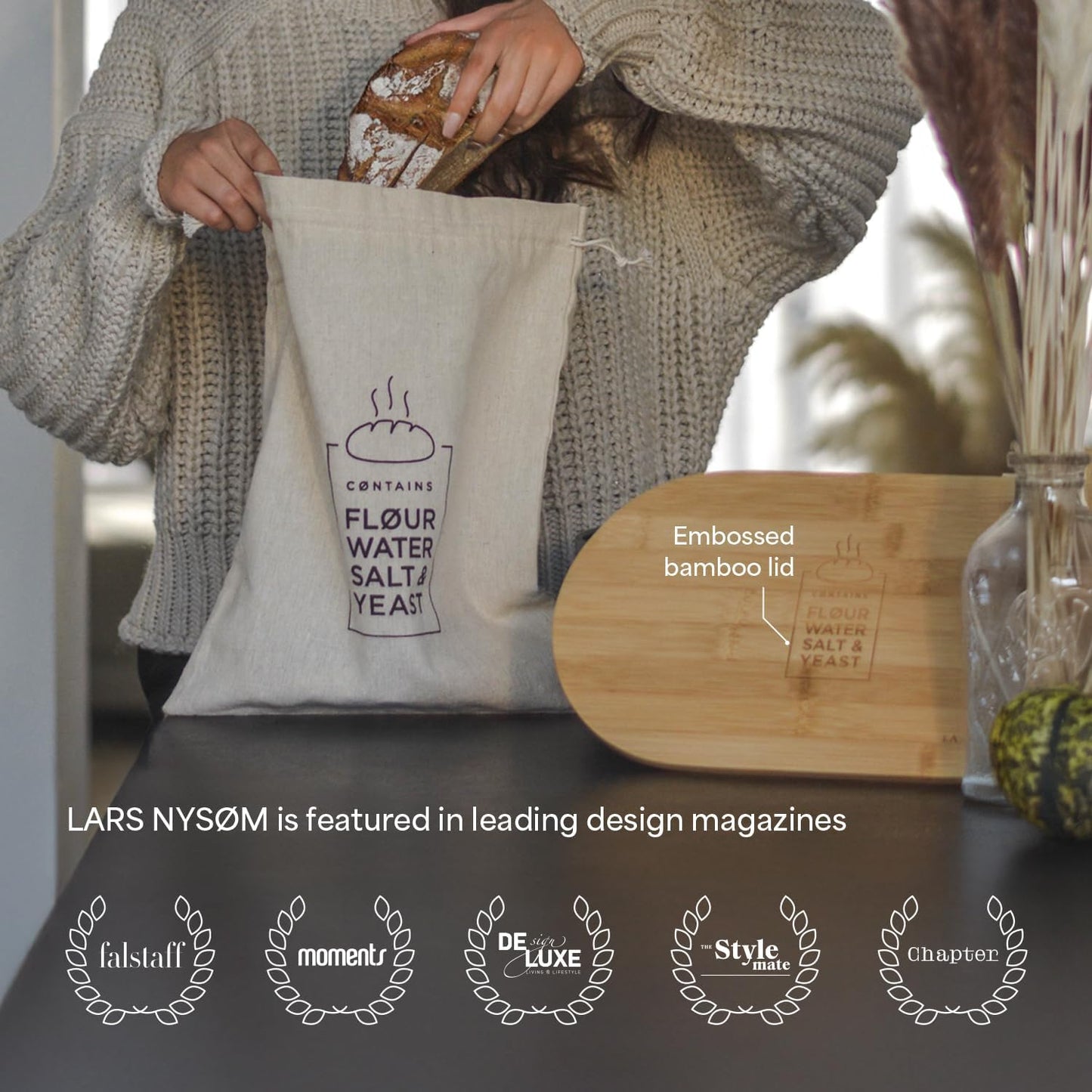 LARS NYSØM Bread Box I Metal Box with linen bag for long lasting freshness I Bread Bin with bamboo lid usable as cutting board I 14.2x7.5x5.1 In (Ash Gray)