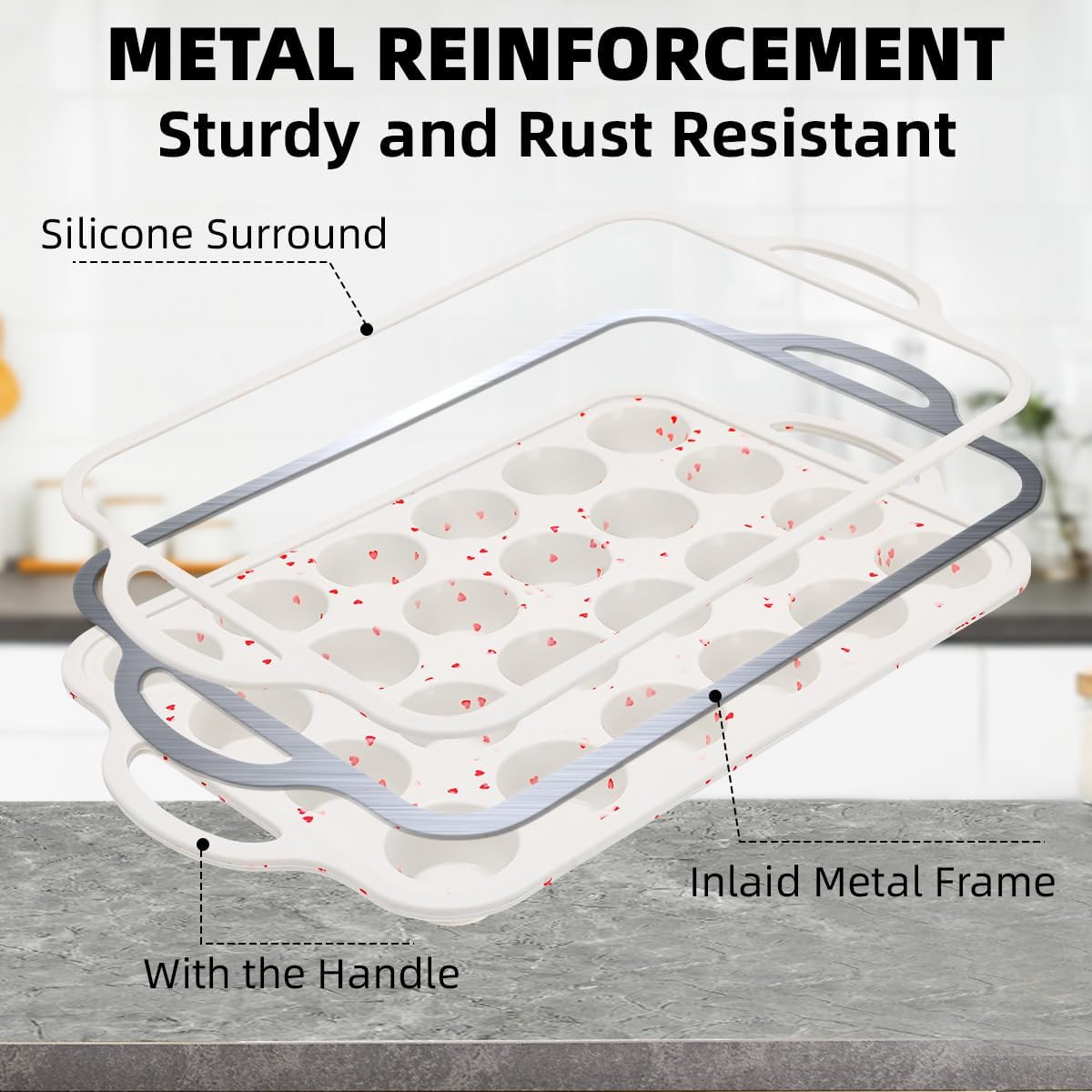 CAKETIME Mini Muffin Pan, Metal Reinforced Frame Mini Cupcake Pans 24 Cups Nonstick Muffin Silicone Molds with Handle for Baking Muffins, Cupcakes, Egg Bites 2 Pack Heart-Shaped