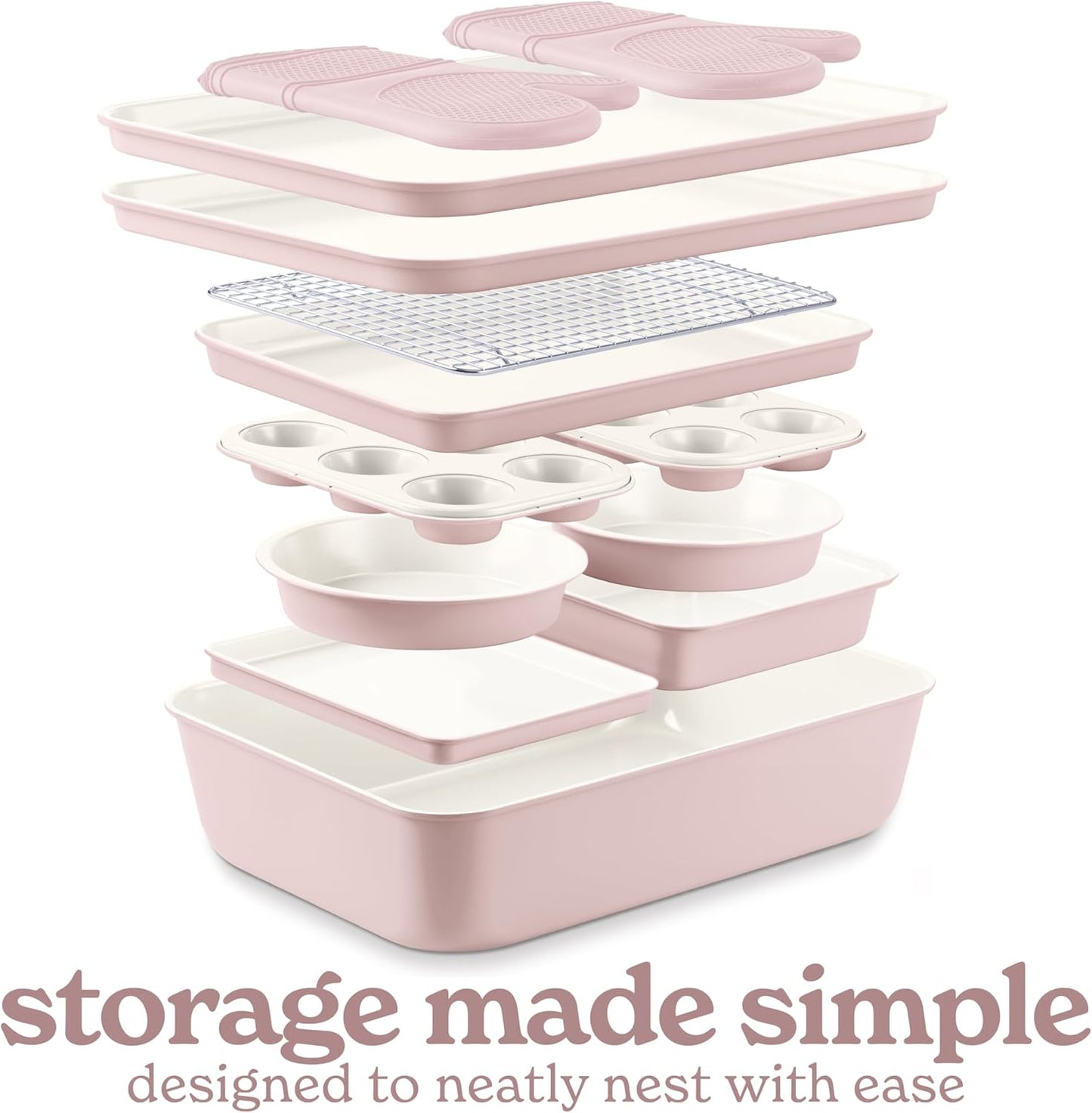 Country Kitchen Nonstick Stackable Bakeware Set - Deluxe Heavy Duty, Durable, Easy Release Baking Set, Pink, 13 Pcs with Handles