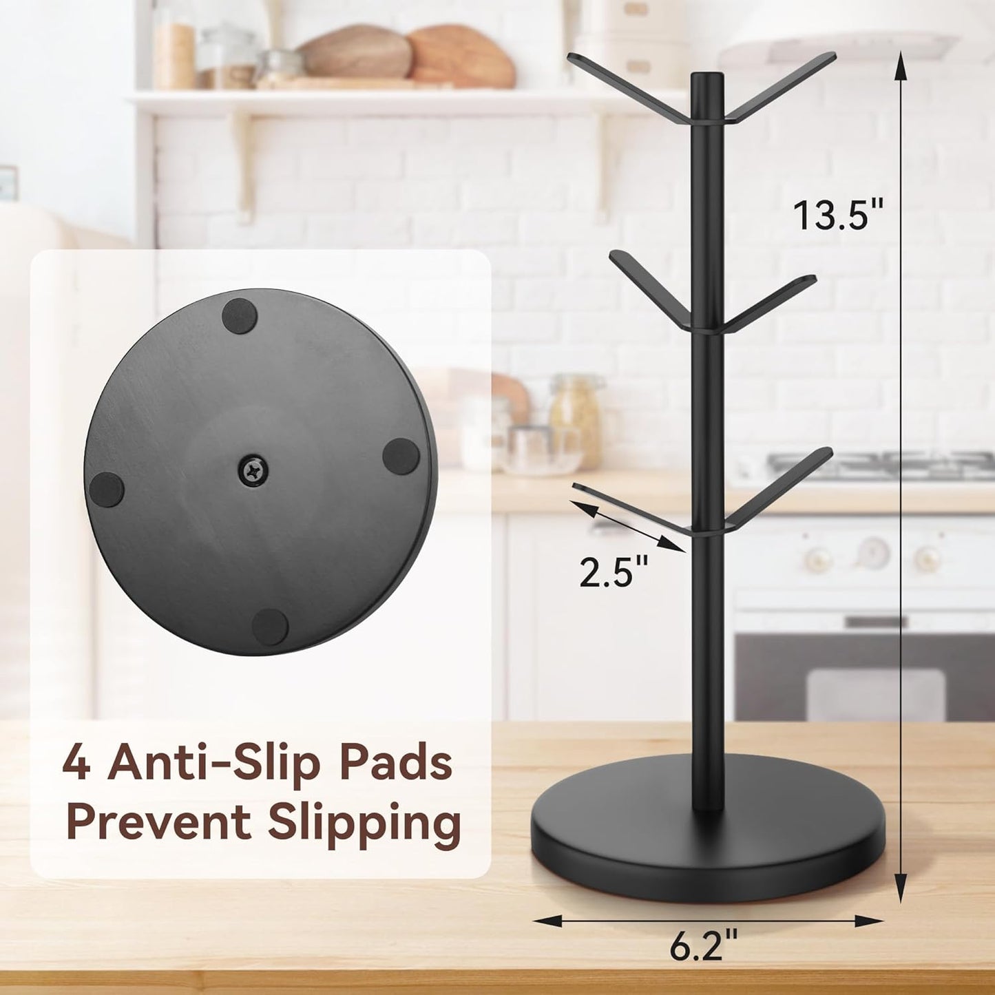 Coffee Mug Tree Holder Countertop, Non-Slip Walnut Wood Mug Rack with 6 Hooks, Coffee Cup Rack for Home Storage and Organizer (Black)