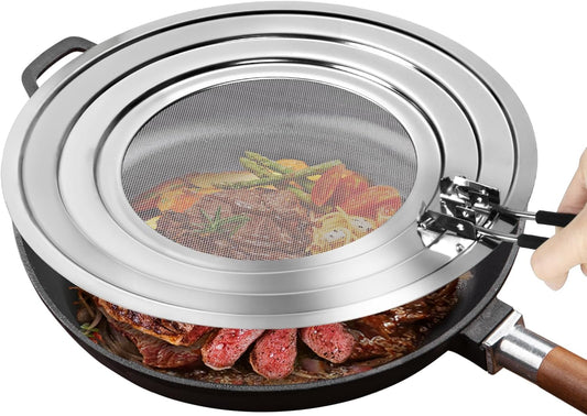 Stainless Steel Splatter Screen for Frying Pan - Grease Splatter Guard with Folding Handle - Cover Oil Splash from Bacon, Oil, or Deep Fryer - Food Strainer and Universal Cookware