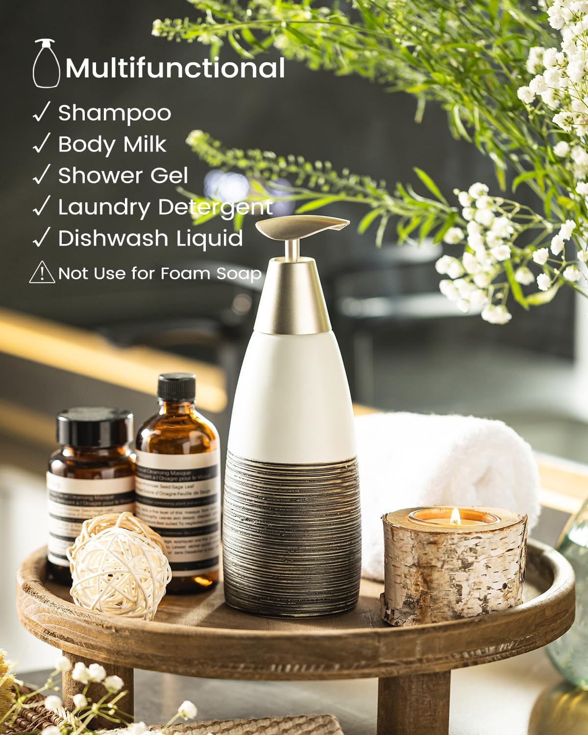 Dish Soap Dispenser Ceramic Liquid Dispenser for Bathroom Hand Soap Bottle with Pump, 12oz Refillable Liquid Bottle for Body Wash, Shower Gel, White