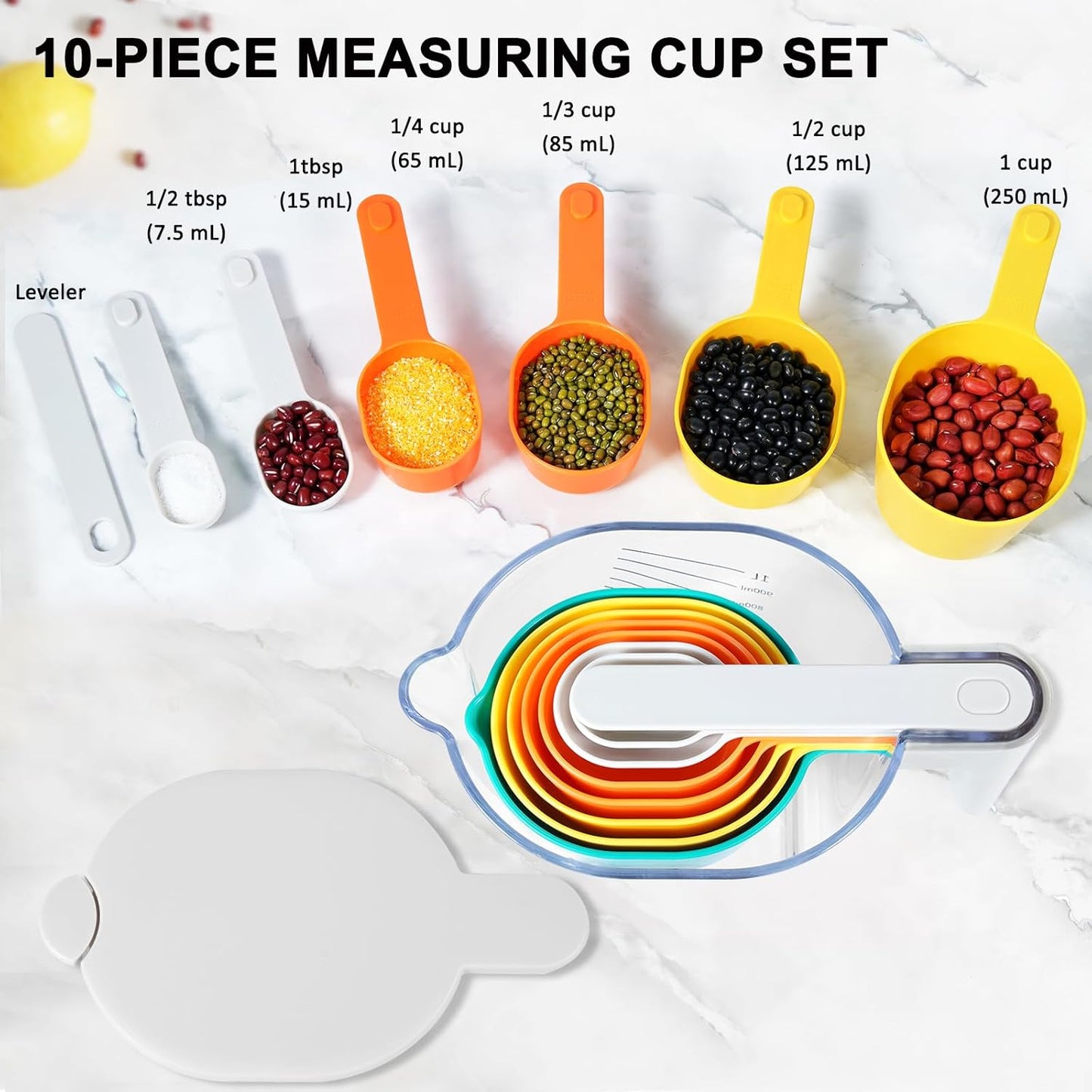 Measuring Cups and Spoons set 10 Pieces, Stackable Measuring Cup with White Lid, Kitchen Cooking Baking Measuring Set for Liquid and Dry, BPA Free, Dishwasher Safe (Multicolor)