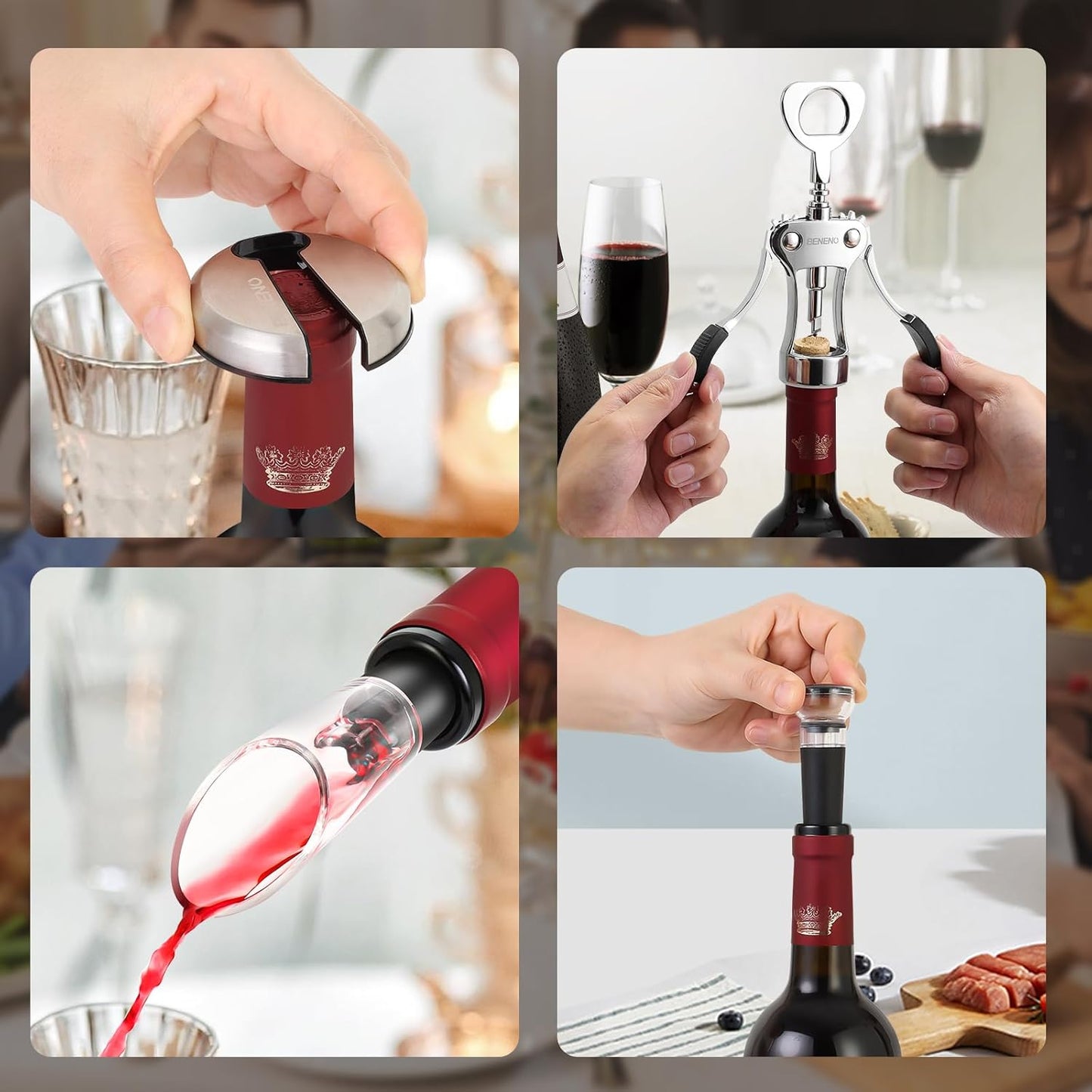 Beneno Multifunctional Wine Bottle Opener Gift Set - Wing Corkscrew, Foil Cutter, Vacuum Stopper & Aerator Pourer, Perfect for Wine Lovers Man Woman, Silver Set