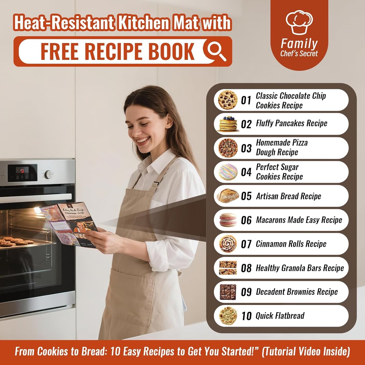 Silicone Baking Mat with 10 Recipes, Non Stick Silicone Pastry Mat, Kneading Dough Rolling Mat Silicone Mats for Baking Cookie, bread, Pizza, Surdough, Extra Thick Oven Mat & Dishwasher Safe