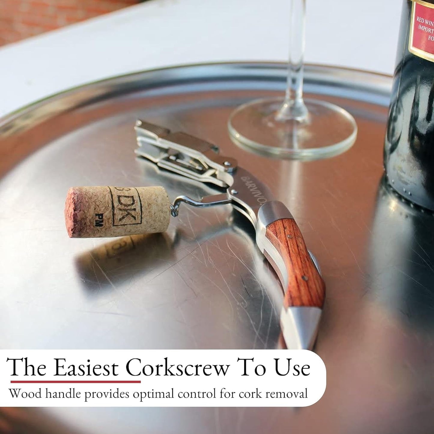 Barvivo Wine Opener with Foil Cutter and Cap Remover - Double Hinged Corkscrew for Bartenders - Stainless Steel Wine Key for Easy Bottle Opening - Manual Wine Bottle Opener - Pakkawood, 4.7x1.2-Inch