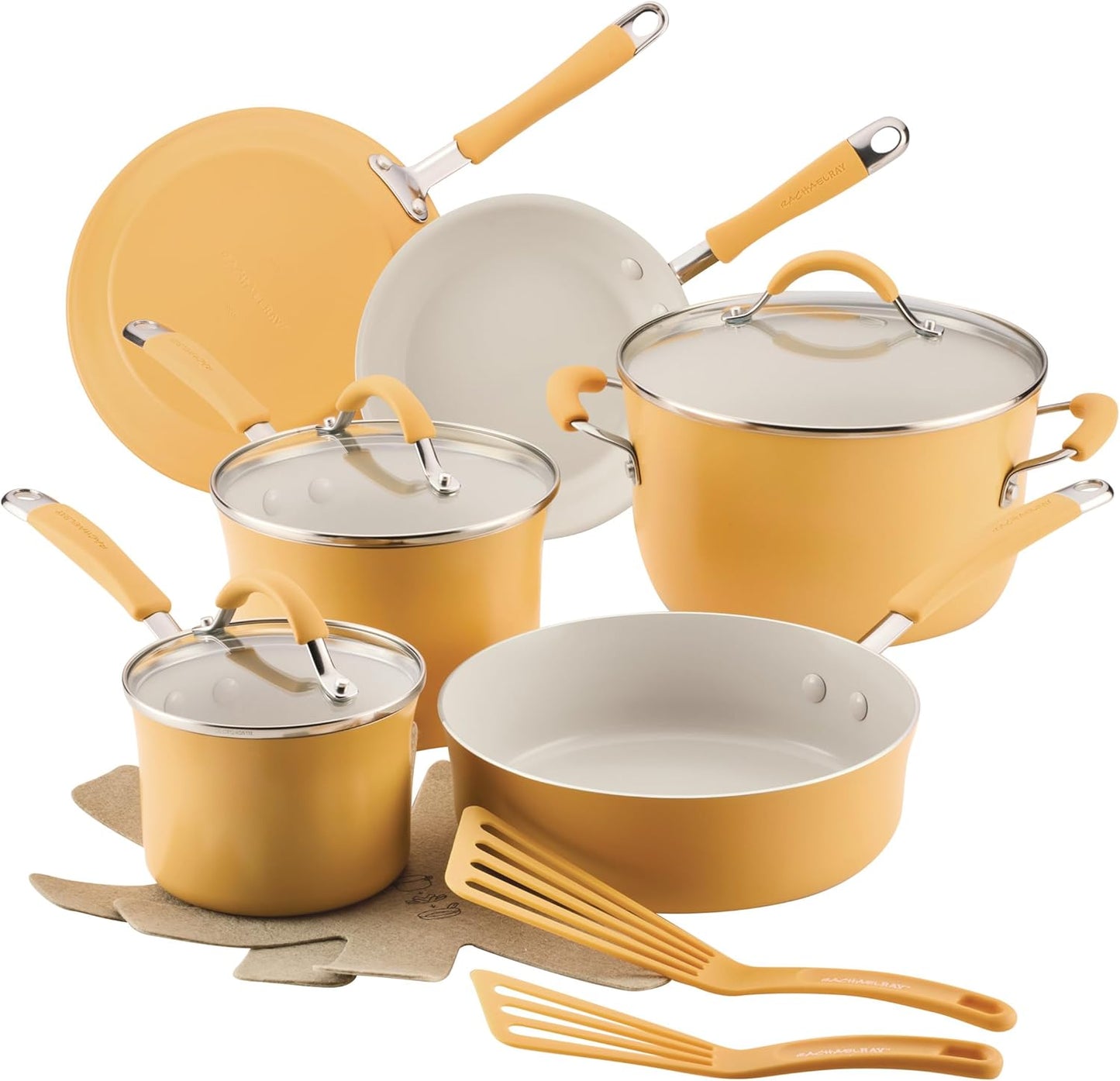 Rachael Ray Cucina Ceramic Cookware Set - 13 Pieces - Ceramic Pots and Pans Set w/Nonstick Frying Pans, Saute Pan, Saucepans, Stockpot, Lids, Pan Protectors & Cooking Utensils - Turmeric