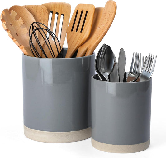 famiware Milkyway Kitchen Utensil Holder for Countertop, 7.2"+5.8" Ceramic Cooking Utensil Crocks for Counter, Utensil Organizer for Spatula & Spoon, Kitchen Decor, Set of 2, Dark Gray