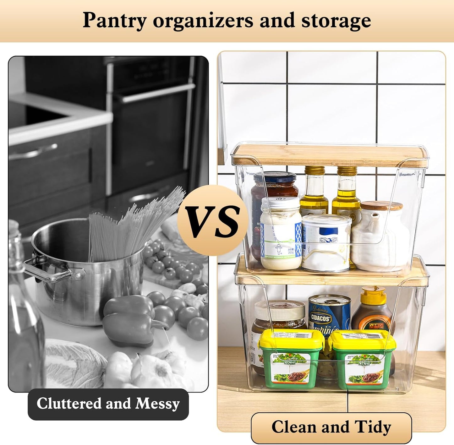 4 Set Stackable Storage with Removable Bamboo Cover, Plastic Container for Kitchen Organizers, Clear Front Open More Easy Access Bins Storage for Pantry, Potato, Onion, Garlic, Fruits, Vegetable