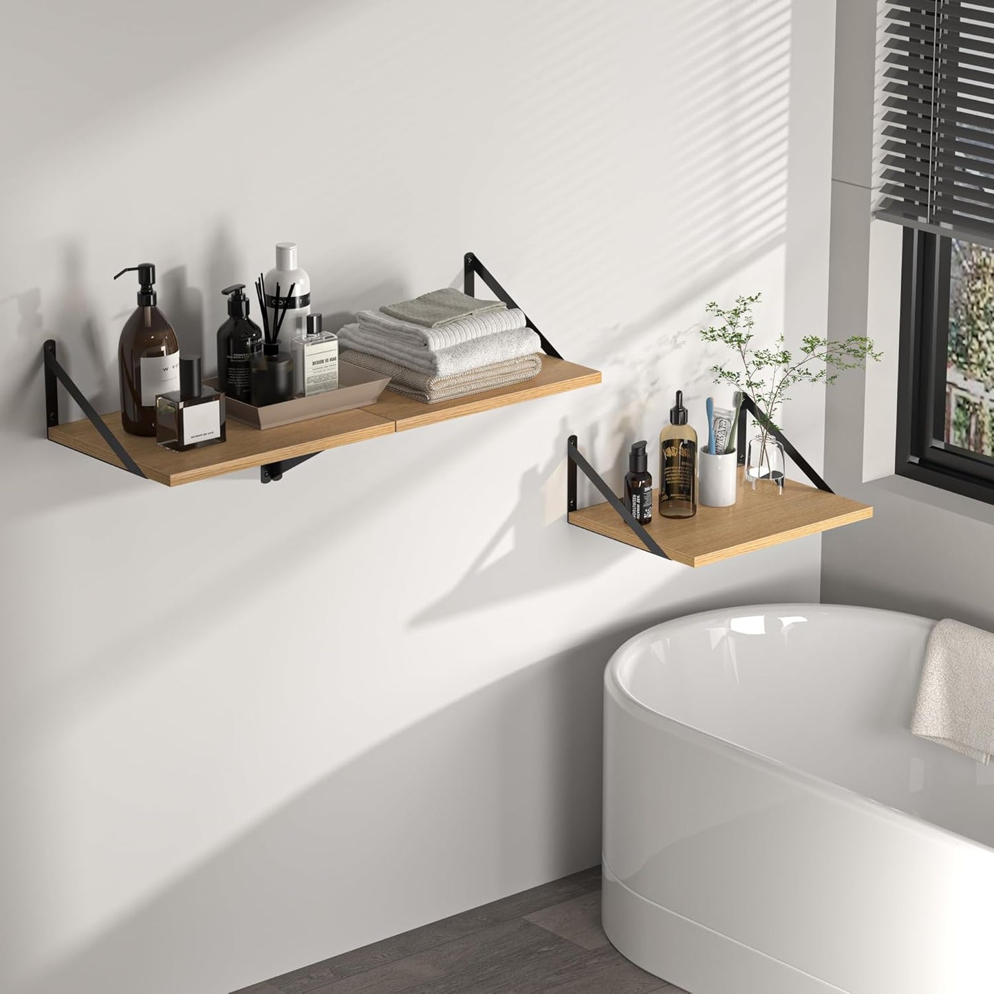 Heimlove 12 Inch Deep Floating Shelves for Wall, 16W x 12D Wood Wall Shelves Set of 2, Rustic Oak Wide Floating Bookshelf for Living Room, Kitchen, Office, Bedroom, with Black Metal Bracke - Oak