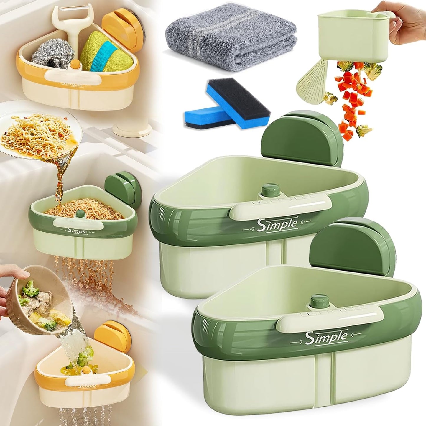 Suction Cup Sink Corner Rack, 2025 Upgraded Self-Cleaning Sink Strainer Basket, Removable Food Waste Catcher with Drain Hole, Say Goodbye to Gross Food Scraps and Smelly Sinks (2*Green)