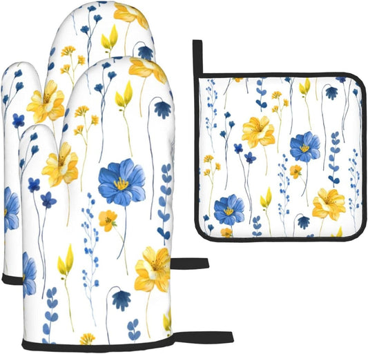 Navy Blue Yellow Flower Oven Mitts and Pot Holders Sets of 3 Watercolor Floral Decorative Hot Pads Heat Resistant Non Slip Washable for Cooking Grilling Baking BBQ Kitchen Decor